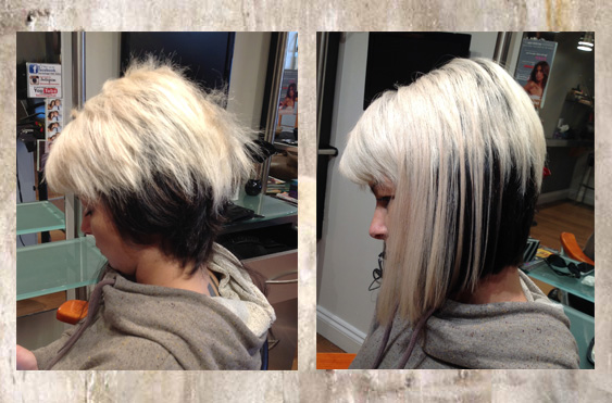 Hair extensions before and after — added length and volume at Backstage Hair Salon, Oakville