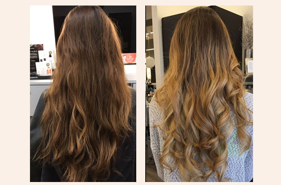 Hair repair before and after — dry, frizzy hair restored to soft, glossy, defined curls, Backstage Hair Salon Oakville