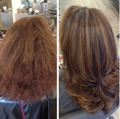 Keratin smoothing before and after — frizz-free, smooth hair, Backstage Hair Salon Oakville