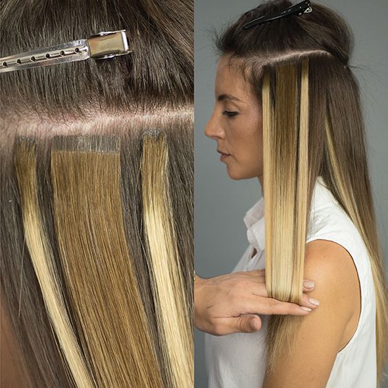 Tape-in hair extensions — lightweight lie-flat wefts at Backstage Hair Salon, Oakville